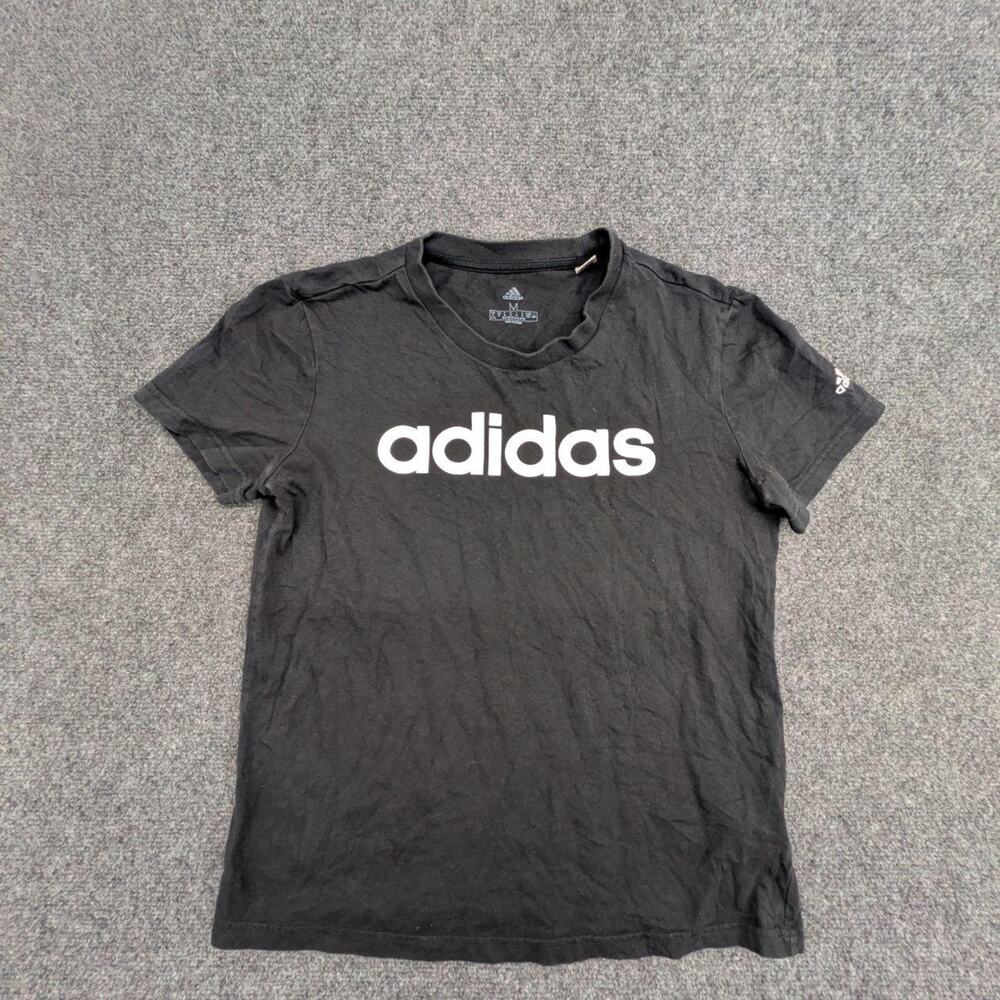 Adidas T Shirt Mens M Black Essentials Linear White Logo Crew Neck Pullover Tee